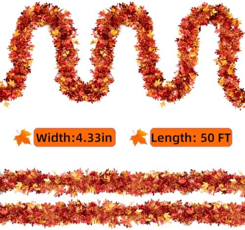 50FT Fall Tinsel Garland with Maple Leaf - Shiny Metallic Thanksgiving Garland for Mantle, Tree, Doorway, Thanksgiving Decor Autumn Fall Decorations for Home - Image 2