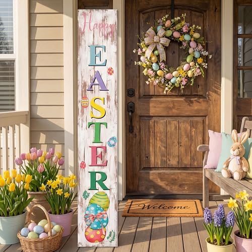 Yerliker Easter Porch Sign and St. Patrick's Day Yard Sign 47" 2 In1 Double Side Wooden Welcome Easter Eggs Door Hanging Happy Banner Luck Green Shamrock Front Door Outdoor Decor by Yerliker