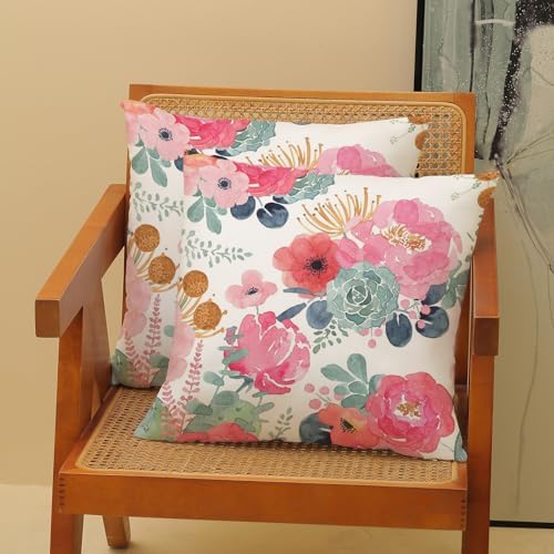 CXMEIFLY Spring Floral Pillow Covers 16 x 16 Inch Set of 2 for Watercolor Pink Flowers Decor Throw Pillows Green Leaves Plant Outdoor Decorative Cushion Cases with Zipper for Couch Bed Decorations - Image 2
