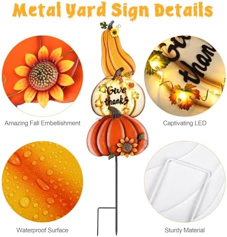Fovths 42.3 Inch 3 Pieces Thanksgiving Metal Fall Pumpkins Garden Yard Sign, Giant LED Metal Thanksgiving Pumpkin Yard Sign Stakes, Waterproof Fall Harvest Pumpkin for Outdoor Lawn Decor - Image 3