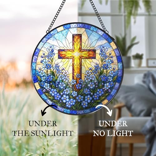 Cross Forget Me Not Stained Glass Window Hanging Garden Suncatcher - Image 6