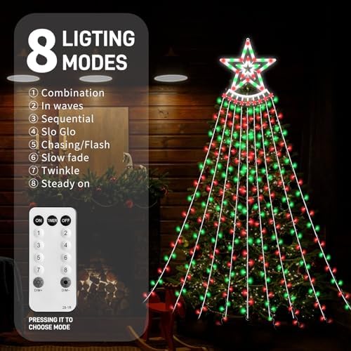 350 LED Christmas Decorations Star String Lights Waterproof Waterfall StarLights 8 Light Modes Remote & Timer,Waterproof Seasonal Lighting Decor for Home Xmas Tree Yard Wedding Party (Red&Green) - Image 5