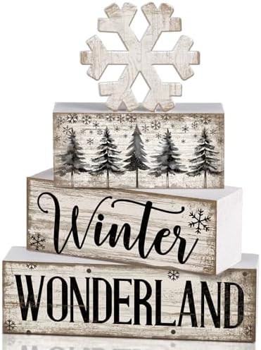 Lineshading 4 Pcs Winter Block Signs Wooden Farmhouse Tiered Tray Decor by Lineshading