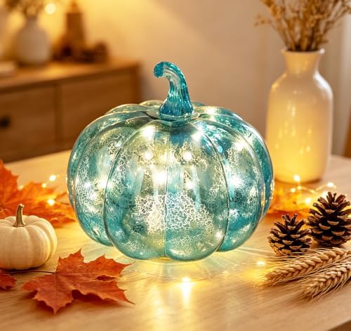 Fall Decorations for Home,Mercury Glass Pumpkin Lights with Timer(Blue) - Image 6