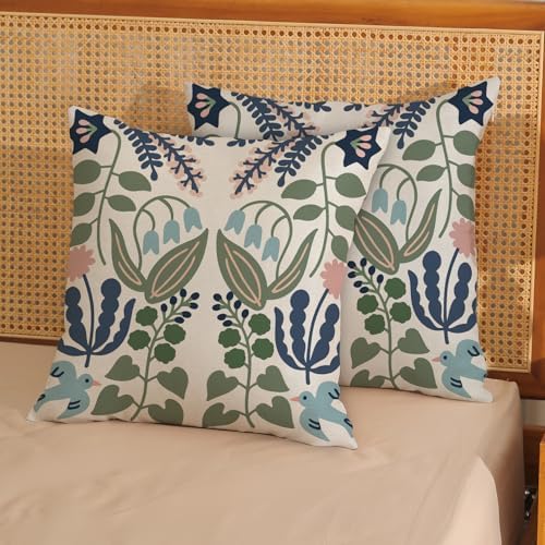 Navy Blue Boho Pillow Covers 20x20 Inch 2 Pcs Sage Green Floral Decor Throw Pillows Vintage Flower Seasonal Spring Summer Outdoor Decoration Pillowcase Linen Cushion Cover for Couch Sofa - Image 2