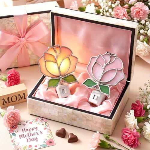 Baquler 2 Pcs Stained Glass Pink Rose Night Light Plug into Wall, Pink Floral Spring Flower Light Decor for Home Bedroom Bathroom Kitchen Hallway Valentine's Mother's Day Easter Decoration - Image 4