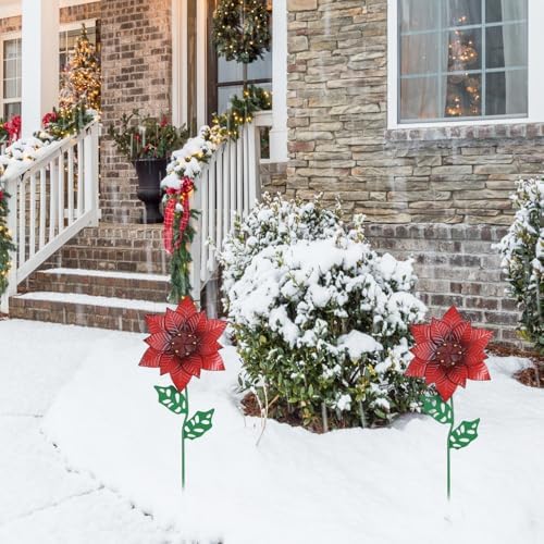 YEAHOME Outdoor Christmas Decorations, Set of 2 Poinsettia Flower Decorative Garden Stakes for Christmas Decor, Metal Red Flowers Xmas Decorations for Outside Garden Yard Lawn Porch - Image 5