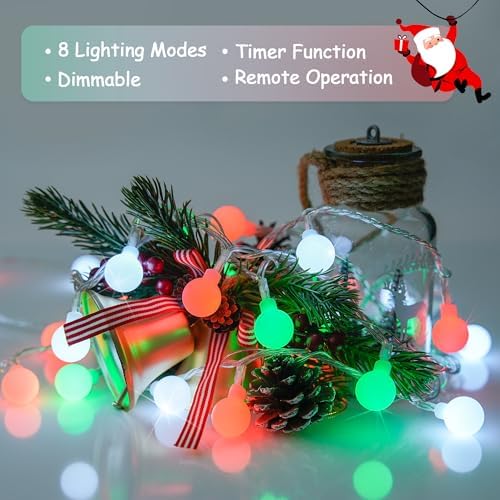 JMEXSUSS 33ft 100 LED Globe Red White and Green Christmas String Lights - Image 3