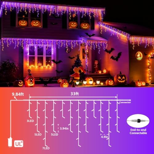 YEGUO 33ft 400 LED Orange and Purple Icicle Halloween Lights, 80 Drops Icicle Lights Connectable, 8 Modes Icicle Christmas Light with Memory Timer - Image 2