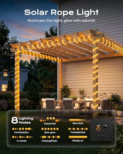 Brightown Solar Rope Lights, 2 Pack Total 78FT 200LED Warm White Solar String Lights Outdoor, IP65 Waterproof Solar Powered Fairy Lights with 8 Lighting Modes for Yard Garden Patio Tree Decoration - Image 4