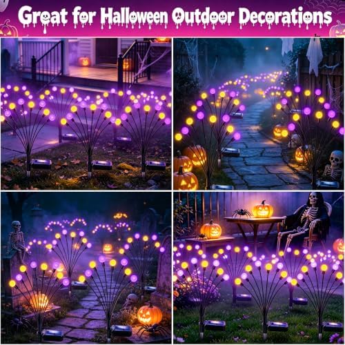 Kohlrabi Halloween Decorations Outdoor, 6 Pack 48 LED Purple and Orange Solar Firefly Lights Waterproof, Sway by Wind, Solar Wind Swaying Light for Garden Yard Patio Pathway Decoration - Image 6