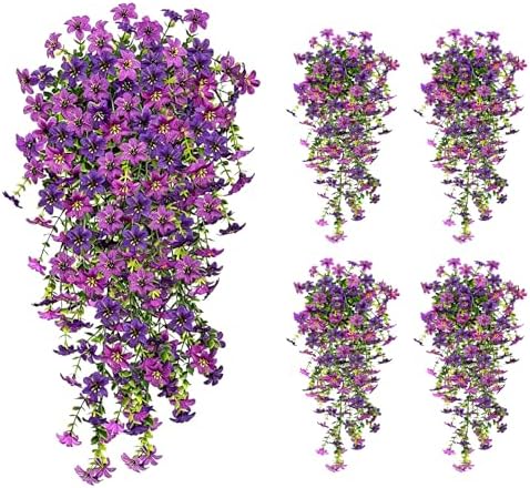 4 Pcs Artificial Hanging Flowers for Outdoor Indoor, UV Resistant Silk Daisy Fake Flowers, Realistic Faux Trailing Vines for Spring Garden Planter Porch Patio Window Box Decor(Double Purple) - Image 2
