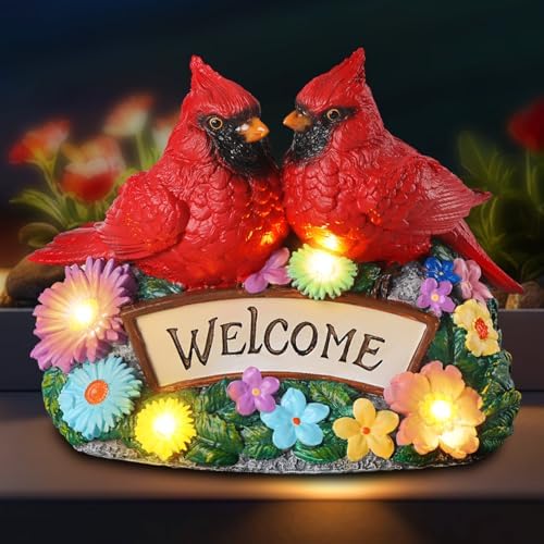 Solar Garden Statues 5.3" Couple Red Cardinal Figurines with Welcome Sign by YHSOLAR