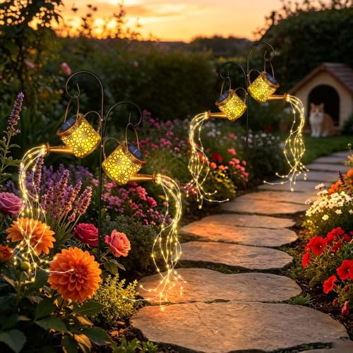 2 Pack Solar Watering Can Lights Garden Decor, LED Metal Waterproof Hanging Lantern with Cascading Lights for Patio Yard Lawn Outdoor Pathway Decoration, Gardening Gifts for Women Mom Grandma Birthday - Image 6