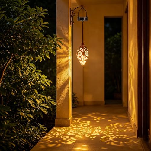 Solar Teardrop Hanging Lantern, Metal, Bronze, Solar Powered, Moroccan Floral Cutout, Outdoor Garden Decor (Copper) - Image 2