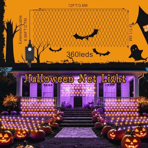HYH Halloween Net Lights,360 LED 12FT x 5FT Halloween Decor Fairy Orange&Purple with 8 Modes String Connectable Waterproof Outdoor Lights,Hanging Light for Indoor Party Yard Garden Bushes Decorations - Image 2