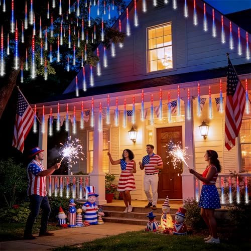 KNONEW 4th of July Solar Lights, USA 250th Anniversary Red White and Blue Solar Lights, 20 Tube 720 LED Waterproof Meteor Shower Lights for Independence National Memorial Day Decor - Image 2