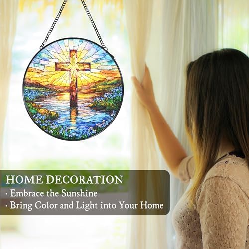 Cross Forget Me Not Stained Glass Window Hanging Suncatcher, Christian Flower Sunset Sun Catcher Indoor Window Decor Gifts, Religious Painted Glass Round Wall Hanging Decorations 7.8x7.8 in - Image 3