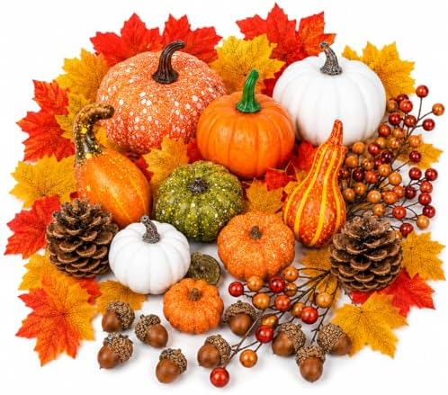 120-Piece Fall Harvest Decor Set with Artificial Mini Pumpkins and Gourds by Paviro