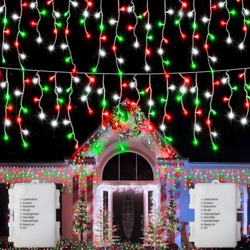 2 Pack Red White Green Christmas Icicle Lights Battery Operated, Total 204 LED Twinkle Icicle Lights 20Ft Clear Wire with 8 Lighting Modes Timer Function for Outdoor Indoor House Party Decoration by echosari