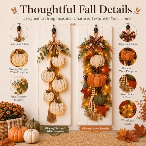 Rustic Wooden Pumpkin Door Hanging with Warm LED Lights, Rustic White Pumpkin Hanging Swag, Fall Decor Gift, Glowing Wreath, Farmhouse Porch Front Door Decoration Home(Orange with Light) - Image 6