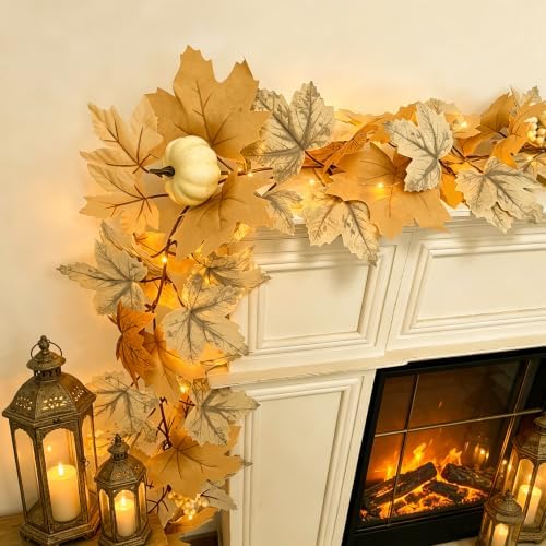 2 Pack Fall Garland Maple Leaf with Lights Fall Decor, 6Ft/Piece Fake Leaves Pumpkin Berry Vine Autumn Foliage Garland for Mantle Fireplace Halloween Thanksgiving Decorations Christmas Home Decor - Image 5