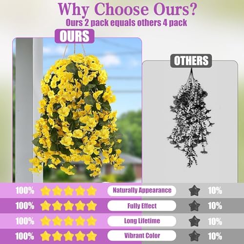 Sggvecsy Artificial Fake Hanging Flowers Plants for Outdoor Outside Spring Summer Decoration 4PCS Faux Silk UV Resistant Realistic Morning Glory Trailing Vines for Home Porch Patio Balcony(Yellow) - Image 4