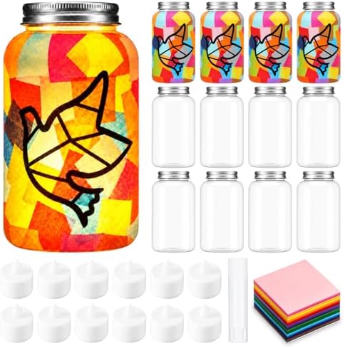 Qinyoung 12 Pcs Religion Dove Crafts Mason Jars Tissue Paper Crafts with LED Candle Light DIY Suncatchers Decoration Make Your Own VBS Mason Jars Supplies for Sunday School Projects Activity by Qinyoung