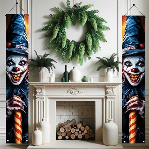 2PCS Scary Clown Halloween Porch Banners 71x12 Inch Vertical Hanging Door Signs, Creepy Haunted House Front Porch Outdoor Decorations for Trick or Treat Horror Party Entrance - Image 5