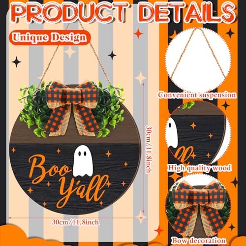 Moucuny Halloween Wreath for Front Door Wooden Boo Ghost Door Sign with Bow - Image 2