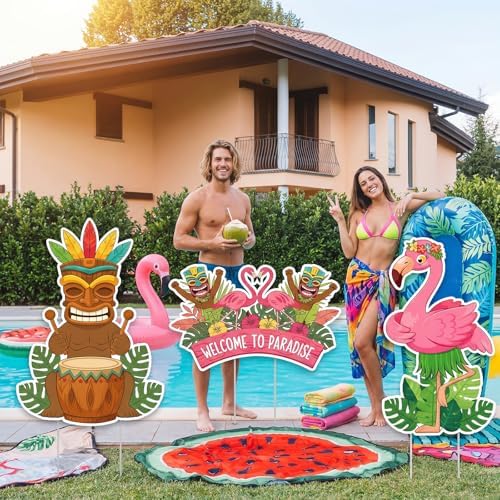 Kathfly 10 Pcs Summer Tiki Flamingo Yard Signs with Stake Outdoor Decor - Image 2