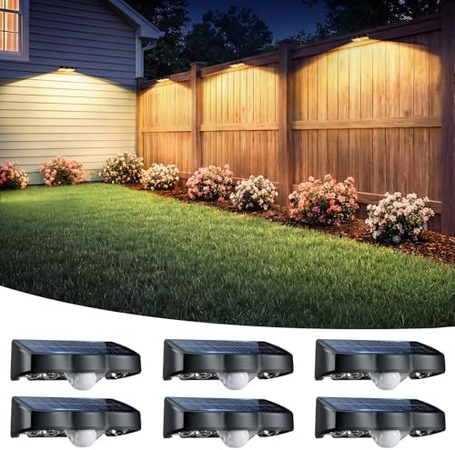Solar Fence Lights Outdoor with Motion Sensor, 6 Pack Warm White Fence Lights Solar Powered 3 Modes IP65 Waterproof Dusk to Dawn Outdoor Lights for Patio Deck Wall Backyard Garden Decorative by NIBUUECER
