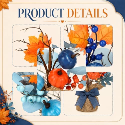 Yinder 2 Pack Lighted Fall Tree 18" Blue Orange Fall Thanksgiving Decor with LED Lights Battery Operated Artificial Eucalyptus Pumpkins Autumn Centerpiece for Harvest Halloween Fireplace Home Decor - Image 3