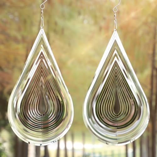 Wind Spinner Flowing-Light Effect Courtyard Decorations Made of Stainless Steel House Hanging Decoration 12“x 8“ Spinners with a 360° Rotating Hook (2 pcs Water Drop-Silver) by CosyCorner