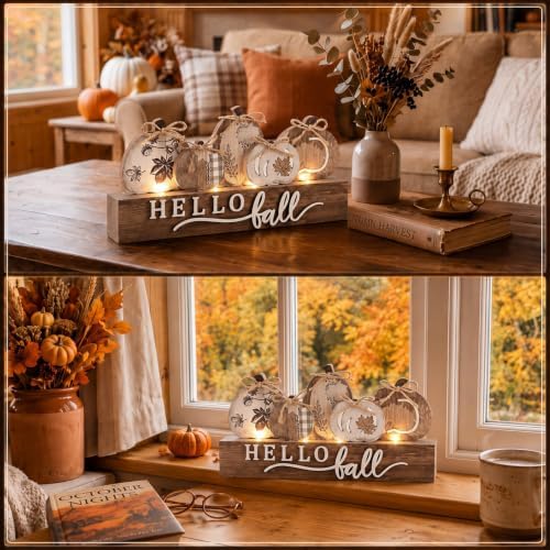 Chunful Lighted Pumpkins Teble Decor Rustic Fall Tabletop Sign - Image 4