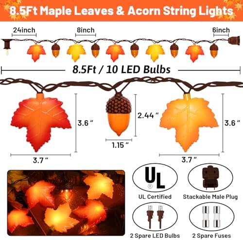8.5Ft Fall Decor Maple Leaves Acorn Lights String, Fall String Lights Plug in with 10 LED Yellow/Orange Maple Leaf Acorn Light for Home Porch Fireplace Autumn Harvest Party Thanksgiving Decor, 0.48W - Image 2