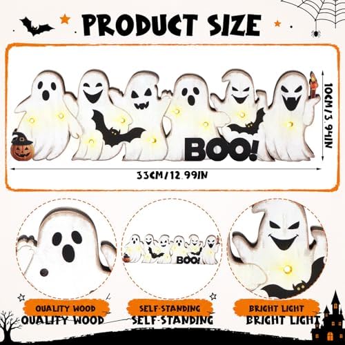 Geetery Halloween Ghost LED Wooden Sign Rustic Wooden Word Sign for Home - Image 2