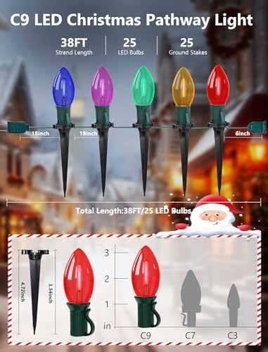 38FT Multicolor LED Christmas Pathway Lights, 25 Multicolor Extendable Weatherproof Christmas Walkway Lights with C9 LED Bulbs and Stakes for Outdoor Lawn Patio Yard Decorations - Image 2