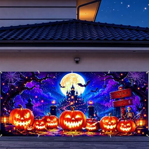 7 x 16 ft Moonlit Pumpkin Halloween Garage Door Decorations Halloween decorations Witch Door Cover, Hanging Banner, Cauldron Backdrop Mural for Home, Outdoor, Indoor, Spooky Party, Wall,Window - Image 5