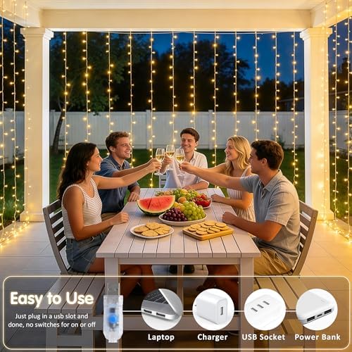 JMEXSUSS USB Plug in Curtain Lights 200 LED with 8 Modes, 6.5ftx6.5ft - Image 5