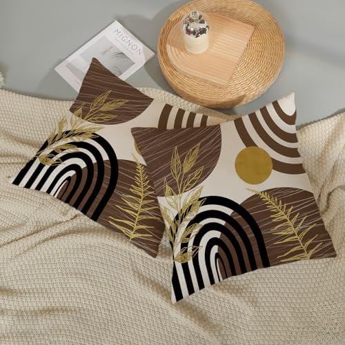 Boho Brown Pillow Covers 18x18 Set of 2 Brown Gold Tropical Leaf Decor Mid Century Throw Pillows Outdoor Bohemian Decorative Pillowcase Farmhouse Abstract Modern Cushion Case for Couch Sofa - Image 5
