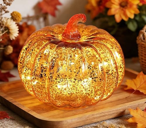 Fall Decorations for Home,Mercury Glass Pumpkin Lights with Timer(Gold) - Image 4