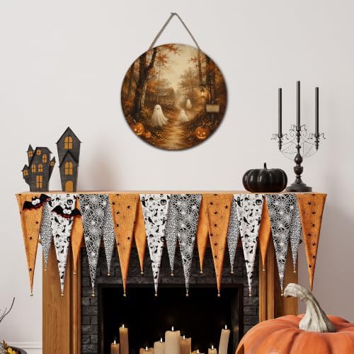 Fall Halloween Round Door Sign, 10 Inch Wooden Hanging Plaque with Rope, Rustic Autumn Wall Decor for Home Porch Entryway Halloween Party Decoration - A04 - Image 3