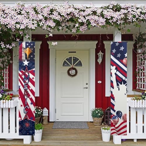 doginthehole 4th of July Decorations Door Banners 250th Anniversary USA Hanging Flag Statue of Liberty Eagle Porch Sign Patriotic Memorial Day Decor Party Supplies for Independence Day, Red White Blue by doginthehole