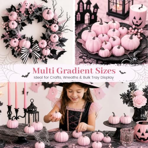 DomeStar 18 PCS Assorted Pink Foam Pumpkins for Decoration, Pink Pumpkins - Image 3