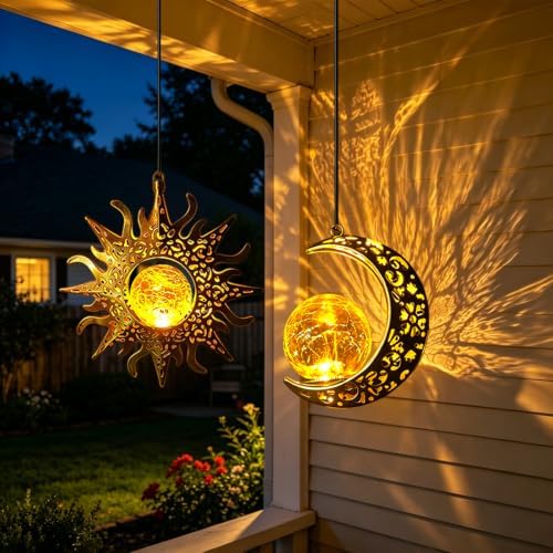 Solar Hanging Sun Moon Lights, Outdooor Lanterns Waterproof Garden Gifts by Amugmilk