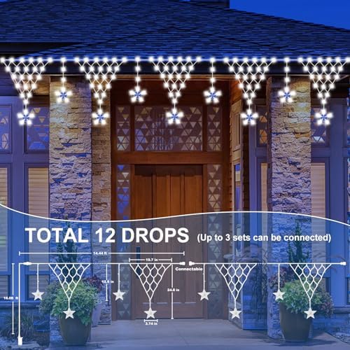 Christmas Outdoor String Lights Waterproof, 218 LED 13.8FT Star Curtain Fairy Lights with 11 Drops Connectable Clear Wire Christmas Light Decorations 8 Modes for Eaves Yard Wedding Party Holiday Decor - Image 3