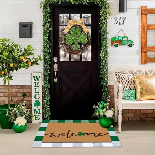 Drydiet Layered Welcome Door Mat with Clover, Green White Plaid Non Slip - Image 2