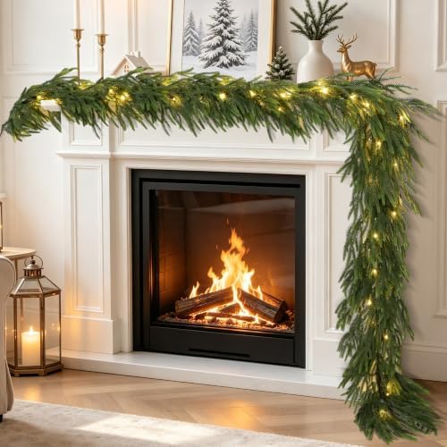 9FT Soft Touch Artificial Norfolk Pine Christmas Garland with Timer Lights by Obralitic