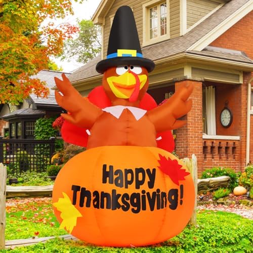 GOOSH 6 Ft Thanksgiving Inflatables Outdoor Decoration Turkey Blow Up Yard with Pumpkin Built-in LEDs for Indoor Garden Lawn Party Decor by GOOSH